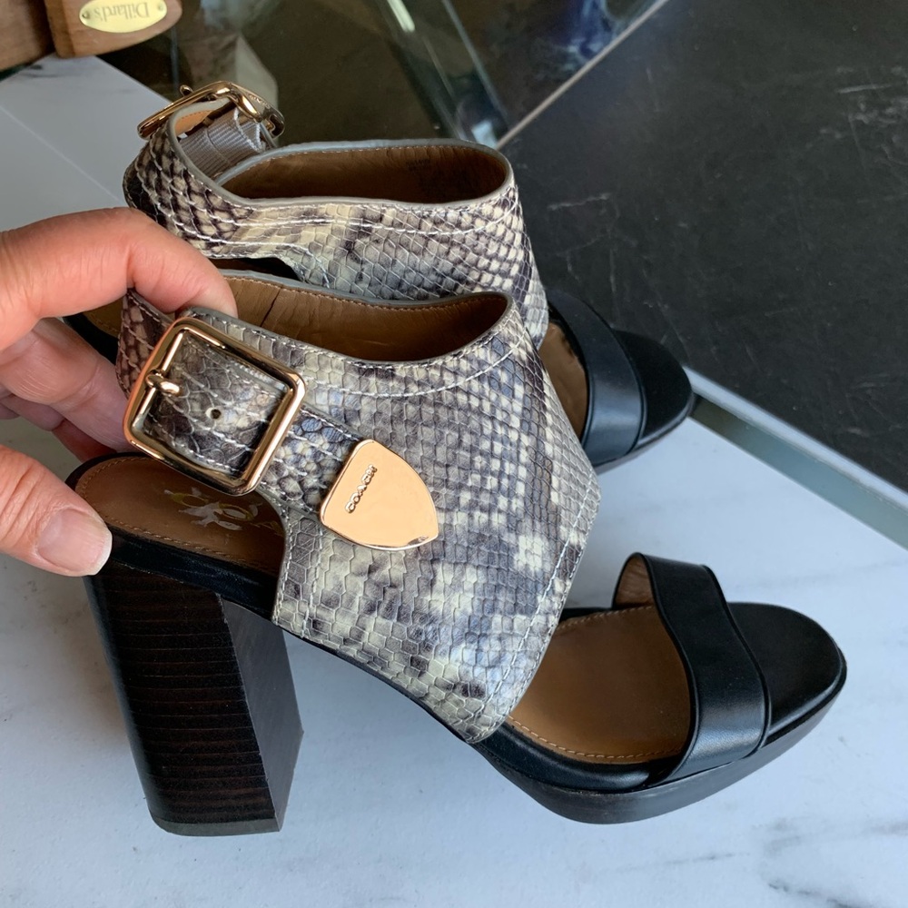 COACH BETSY MAT CALF/LUX SNAKE BLACK NATURAL SANDALS Open Toe Heels Sz 7 - Picture 4 of 10